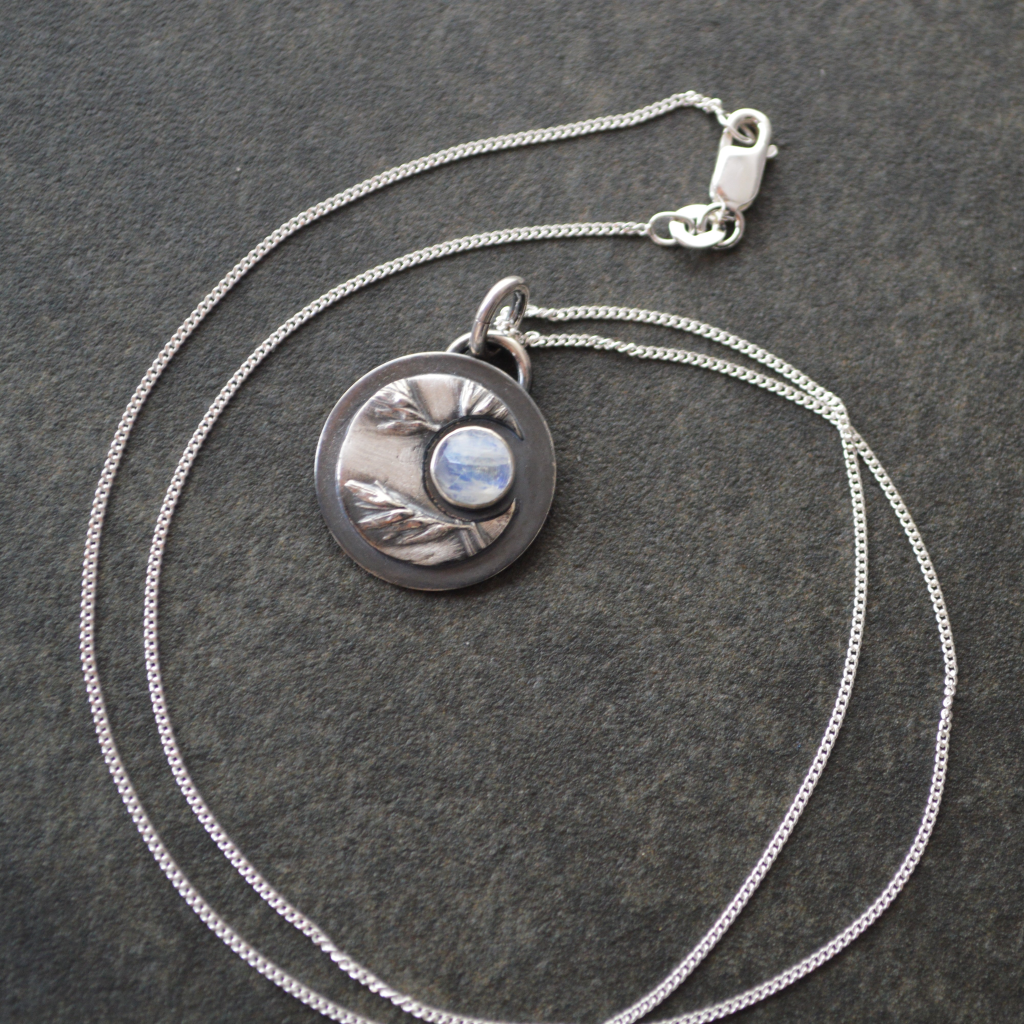 Crescent Moon Necklace, Buffalograss and Rainbow Moonstone