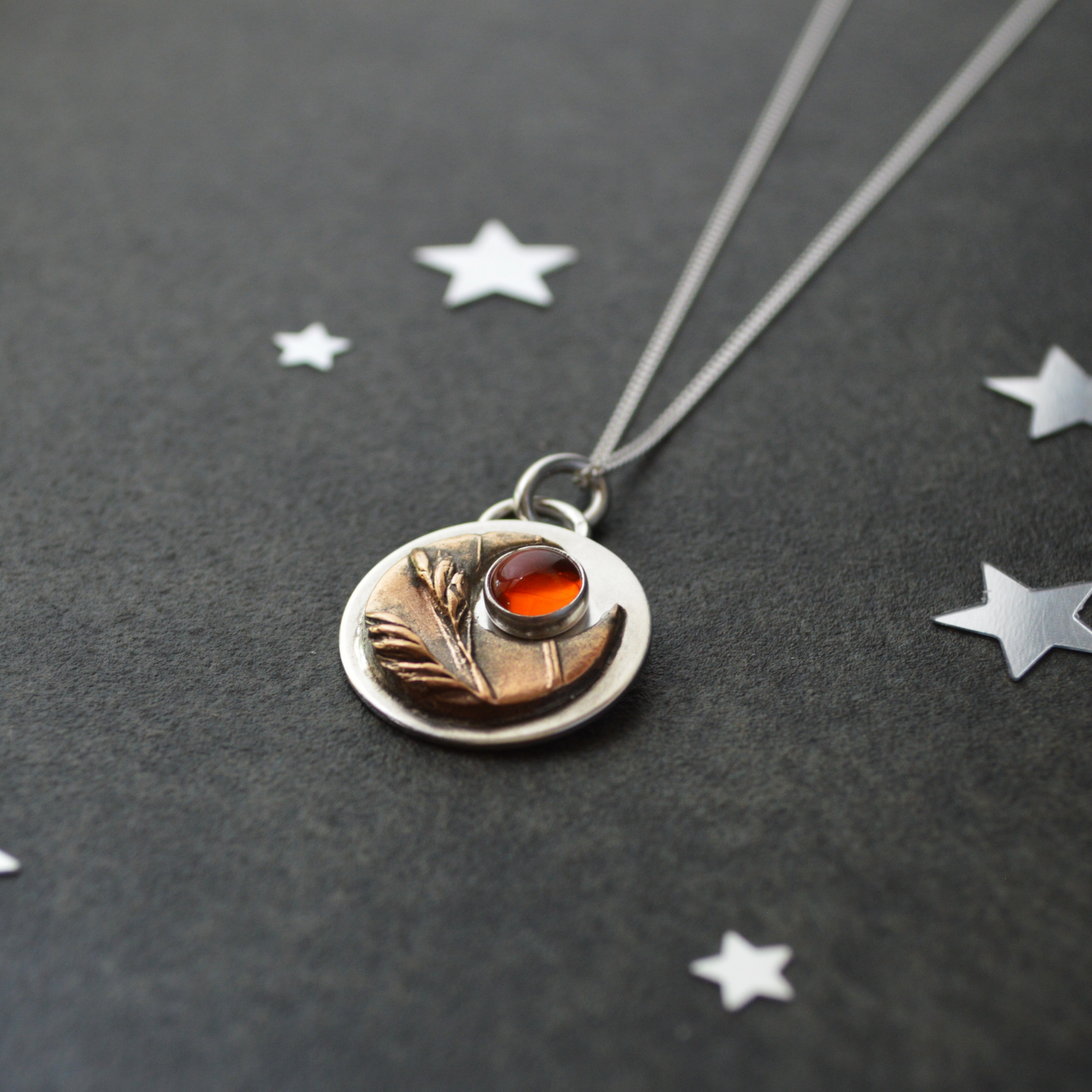 Bronze Moon Necklace, Buffalograss and Baltic Amber