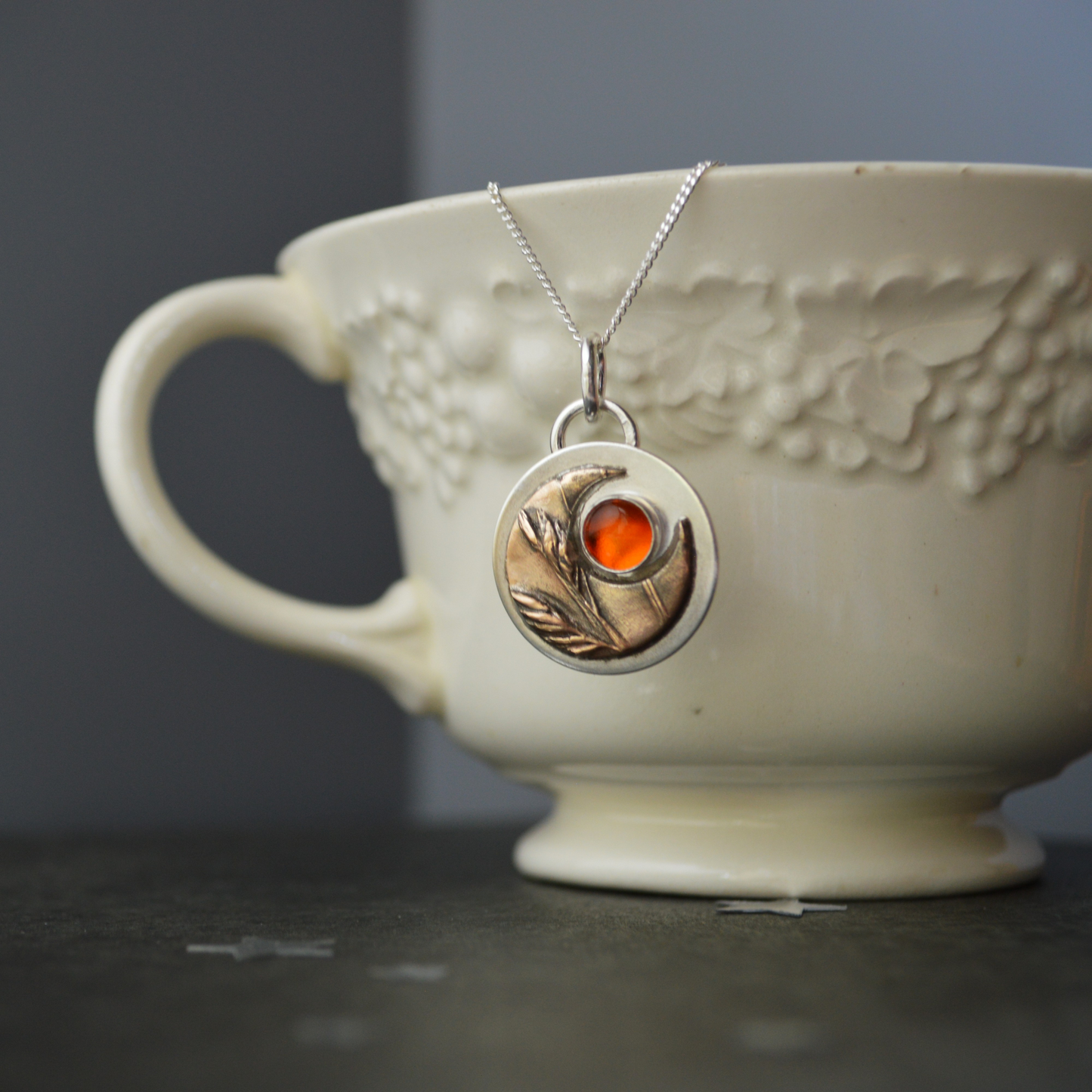 Bronze Moon Necklace, Buffalograss and Baltic Amber