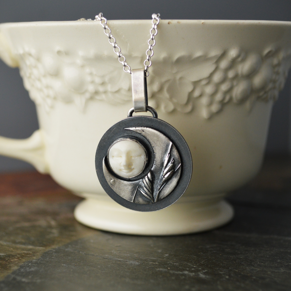 Crescent Moon Necklace, Buffalograss and Bone