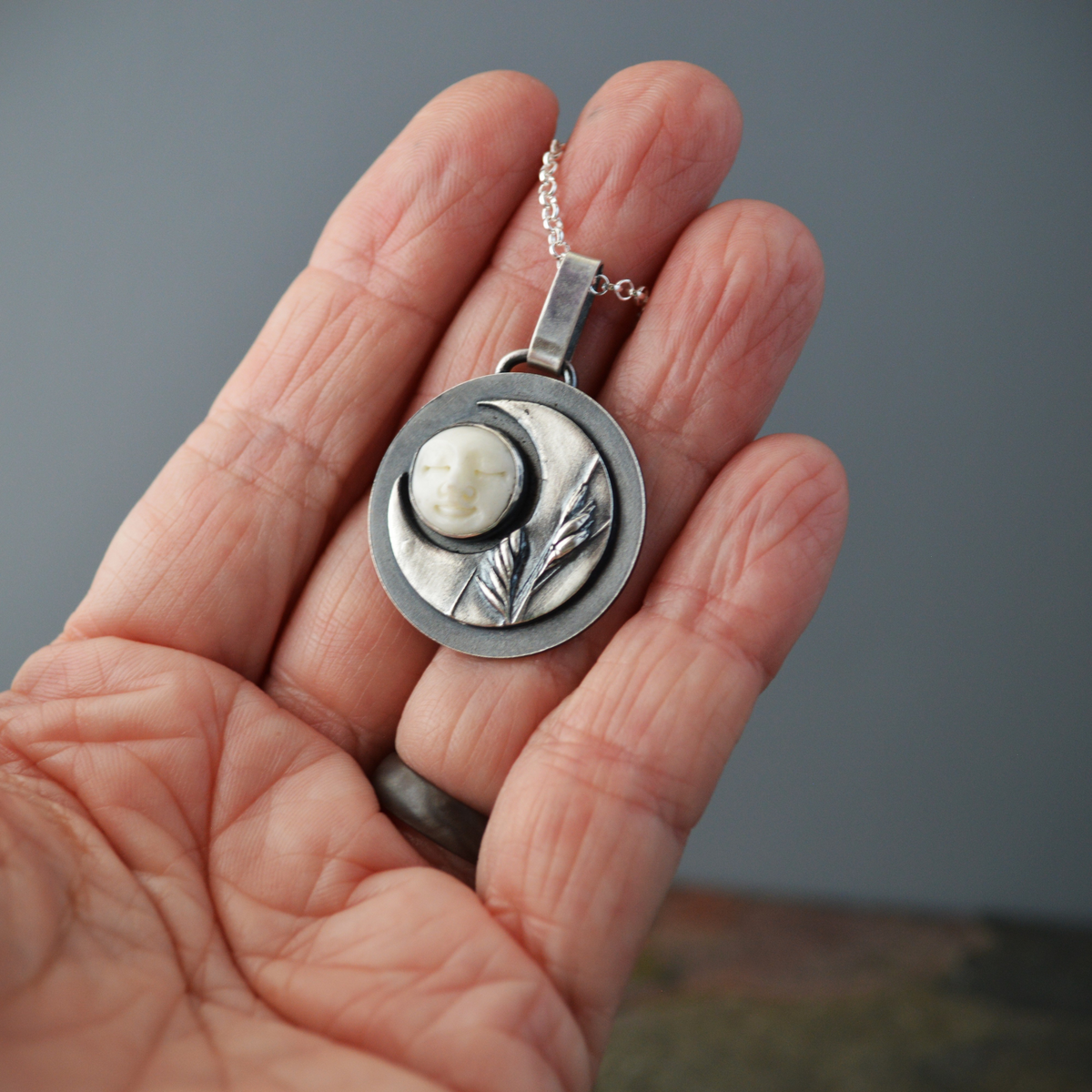 Crescent Moon Necklace, Buffalograss and Bone