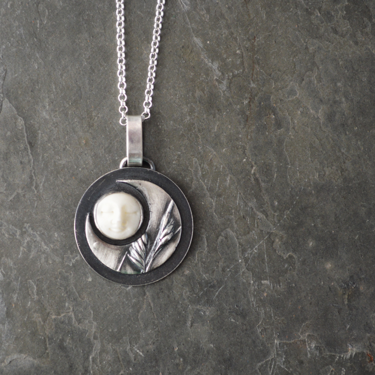 Crescent Moon Necklace, Buffalograss and Bone