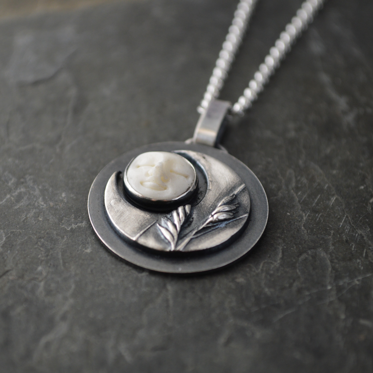 Crescent Moon Necklace, Buffalograss and Bone
