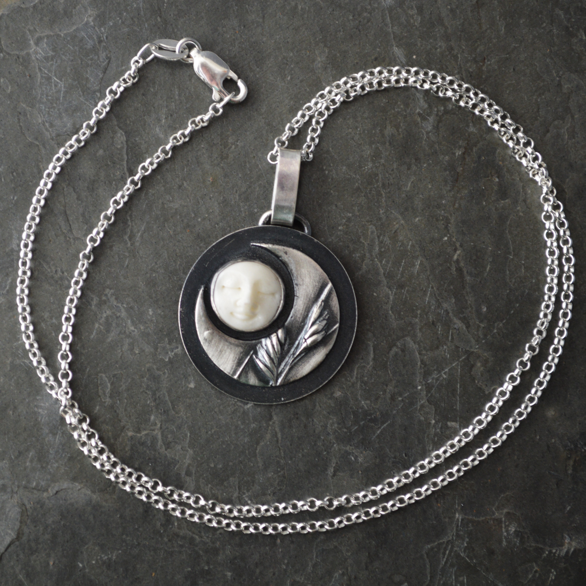 Crescent Moon Necklace, Buffalograss and Bone