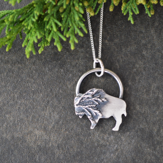 Silver Bison Pendant Necklace Textured with Cedar