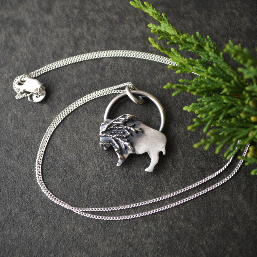 Silver Bison Pendant Necklace Textured with Cedar
