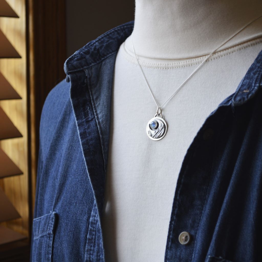 Silver Crescent Moon Necklace with Rhodolite Garnet Gemstone