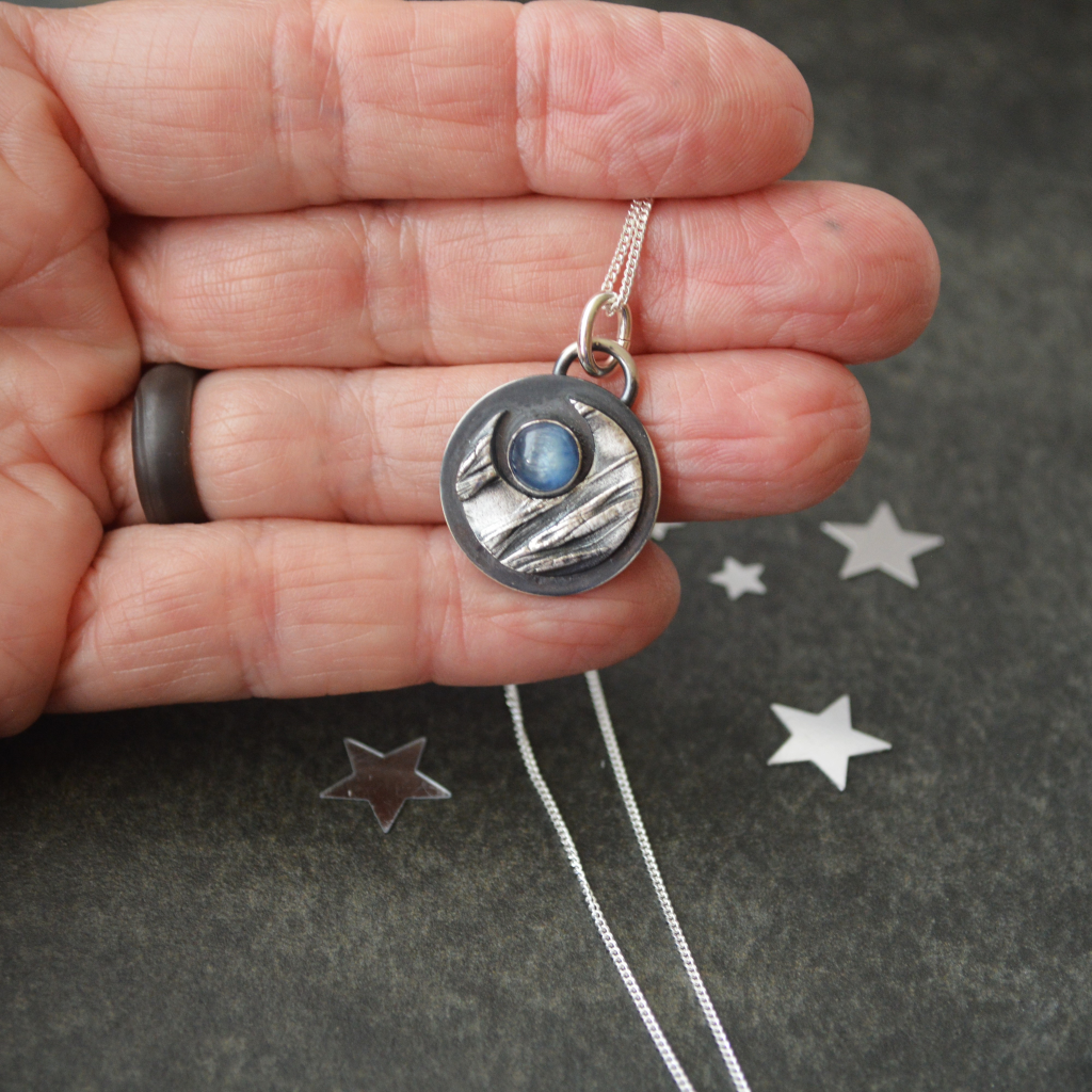 Silver Crescent Moon Necklace with Blue Kyanite Gemstone