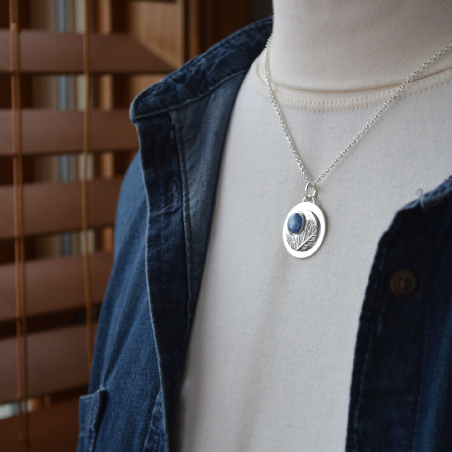 Crescent Moon Necklace, Oak Leaf with Blue Kyanite