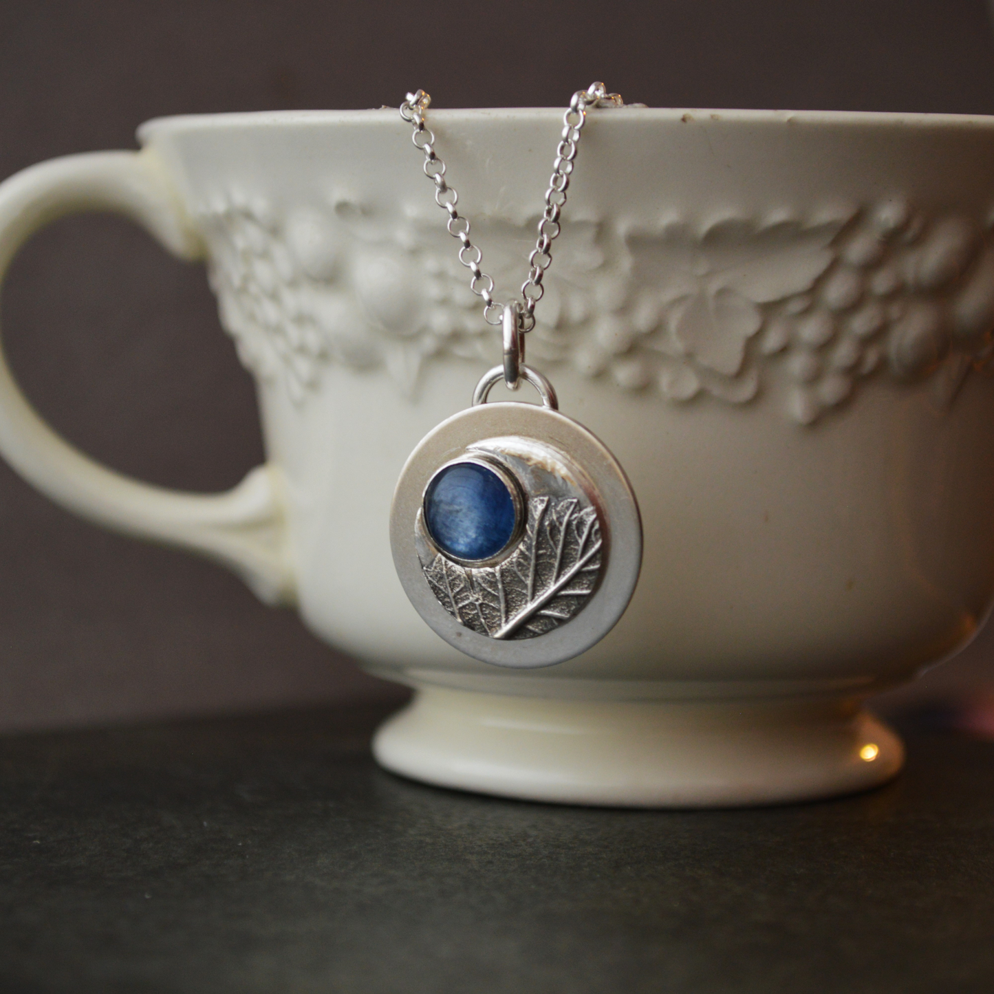 Crescent Moon Necklace, Oak Leaf with Blue Kyanite