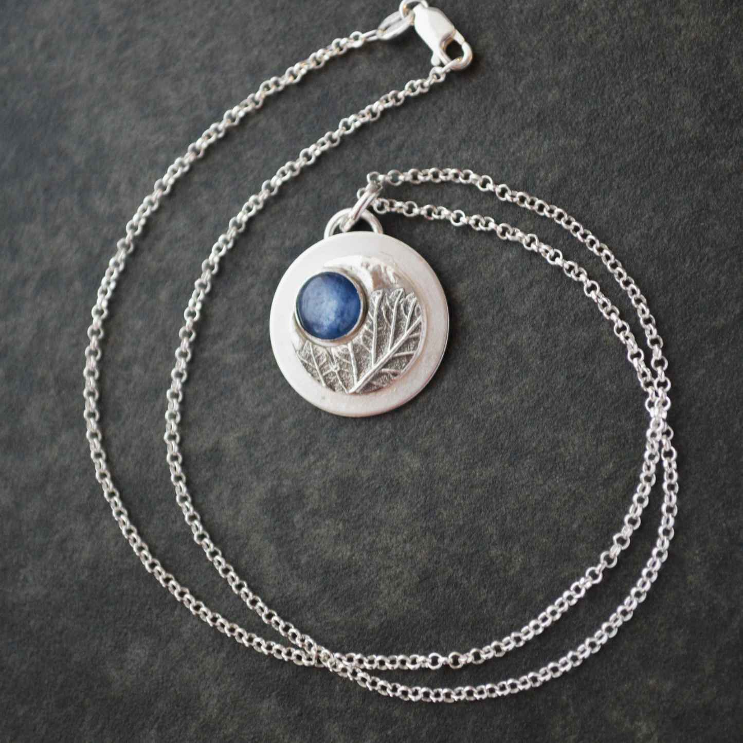 Crescent Moon Necklace, Oak Leaf with Blue Kyanite