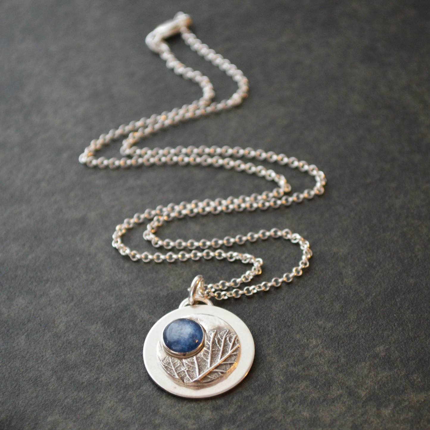 Crescent Moon Necklace, Oak Leaf with Blue Kyanite