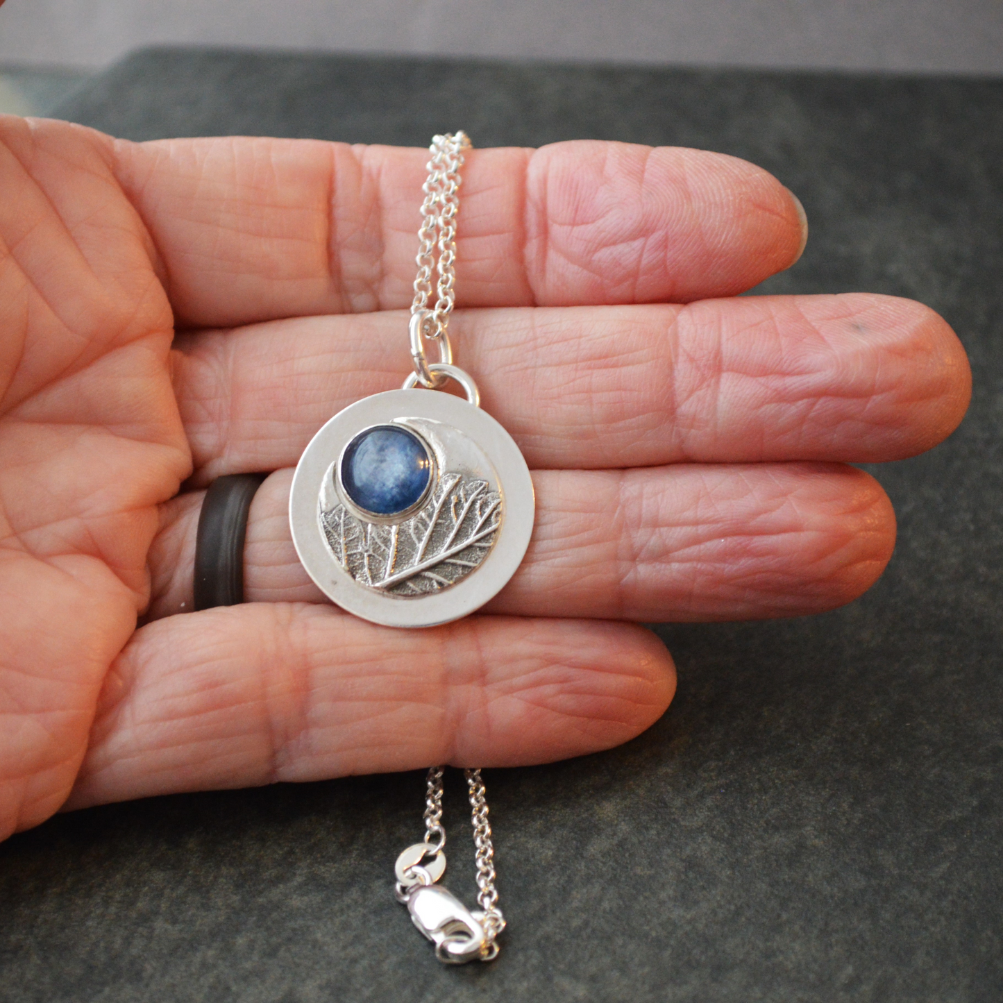 Crescent Moon Necklace, Oak Leaf with Blue Kyanite