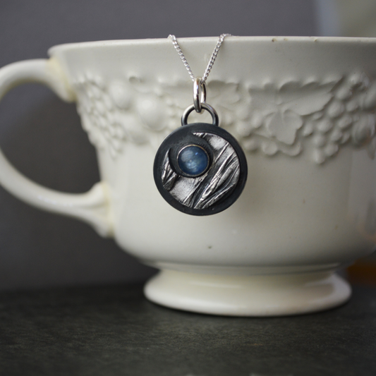 Silver Crescent Moon Necklace with Blue Kyanite Gemstone