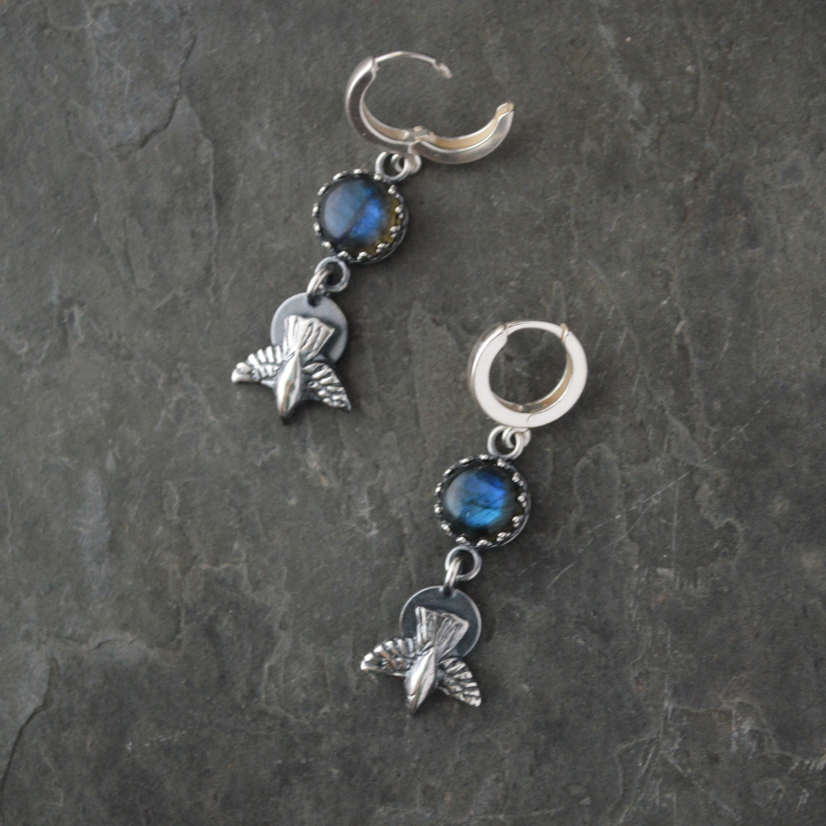 Silver Crow Earrings with Labradorite