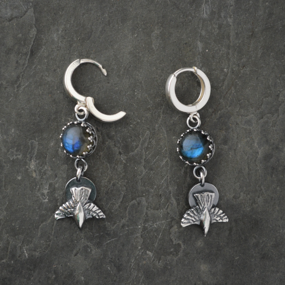 Silver Crow Earrings with Labradorite