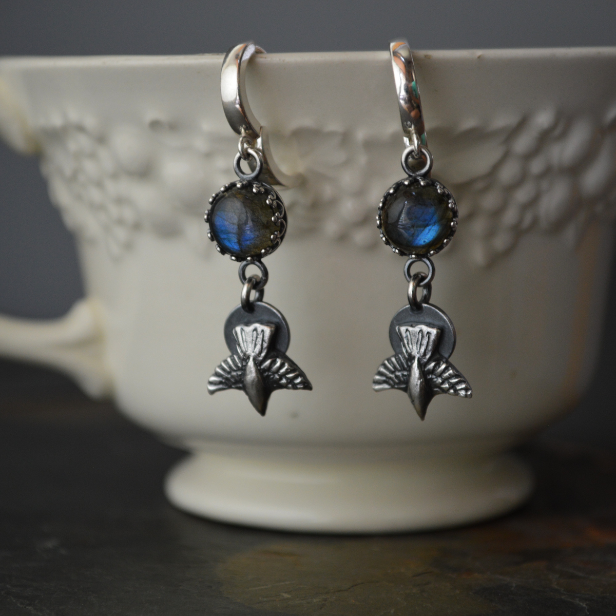 Silver Crow Earrings with Labradorite