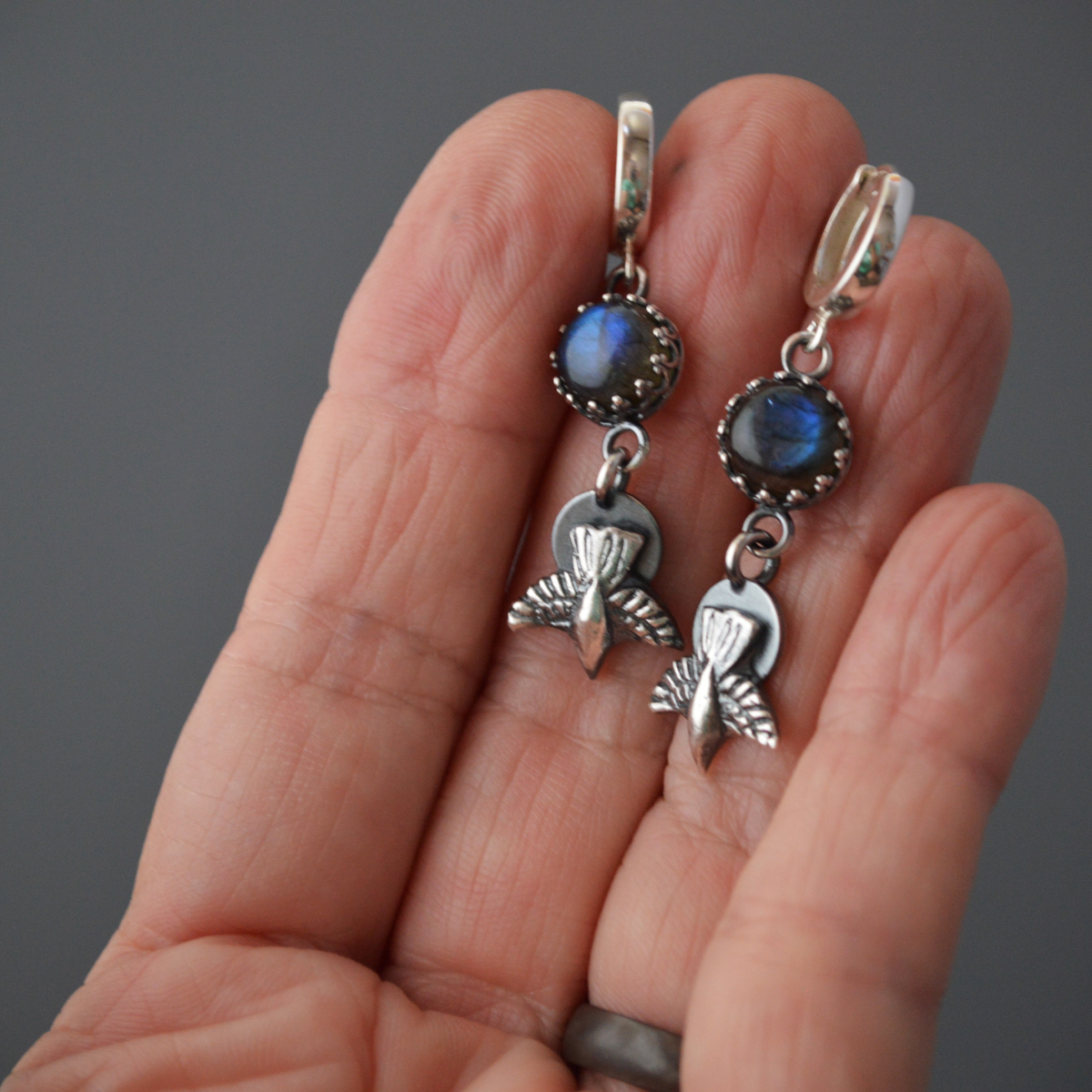 Silver Crow Earrings with Labradorite