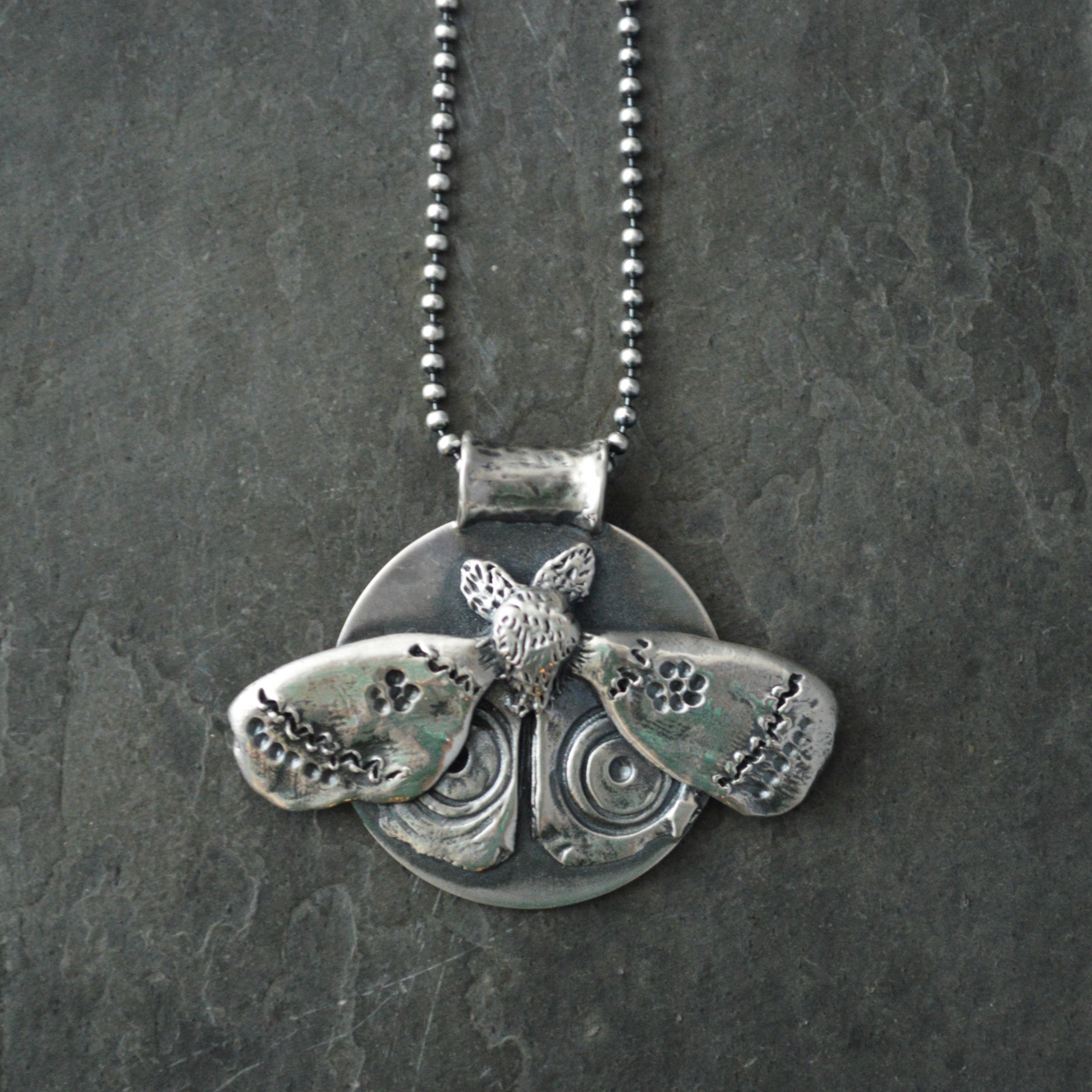 Hand-Sculpted IO Moth Pendant Necklace in Silver