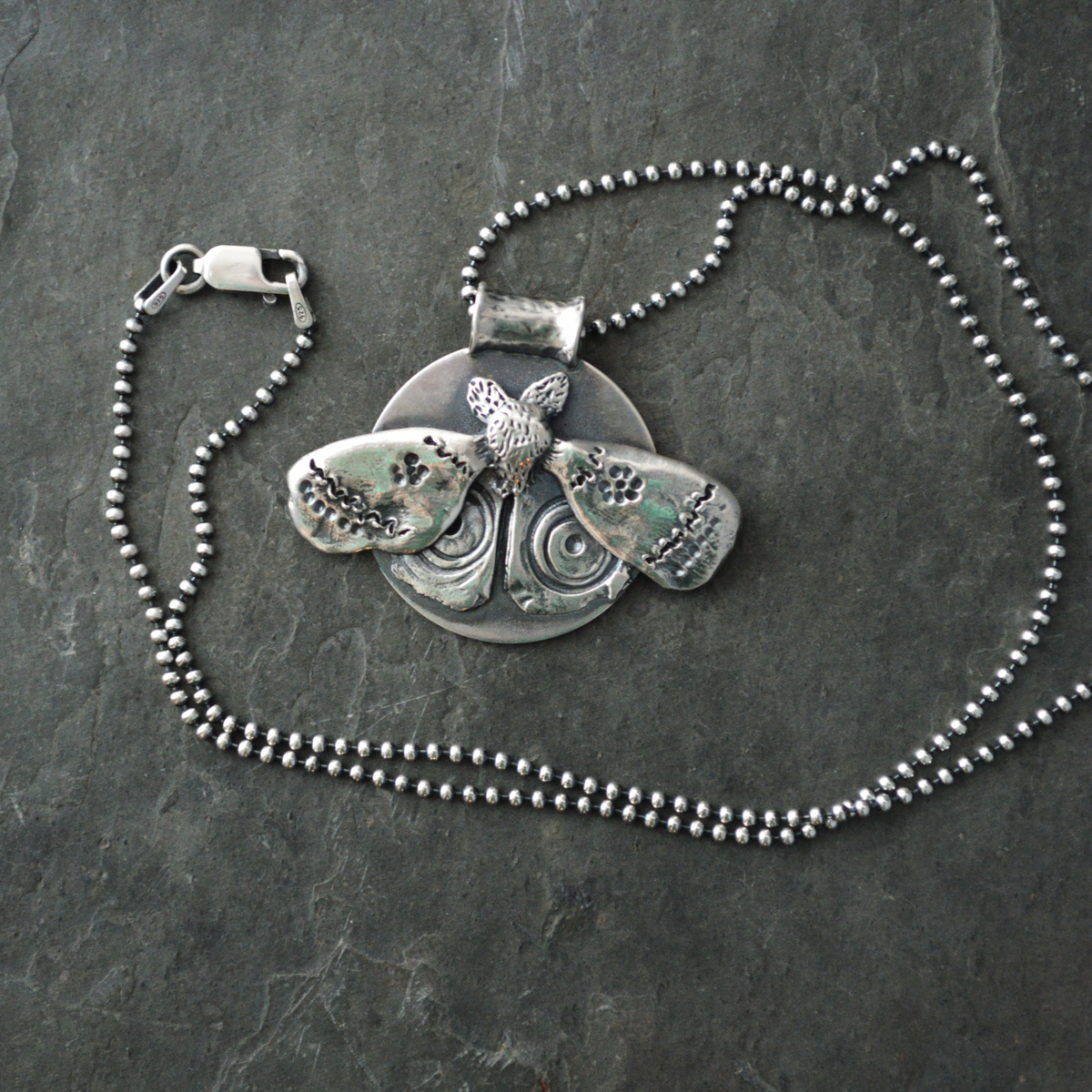 Hand-Sculpted IO Moth Pendant Necklace in Silver