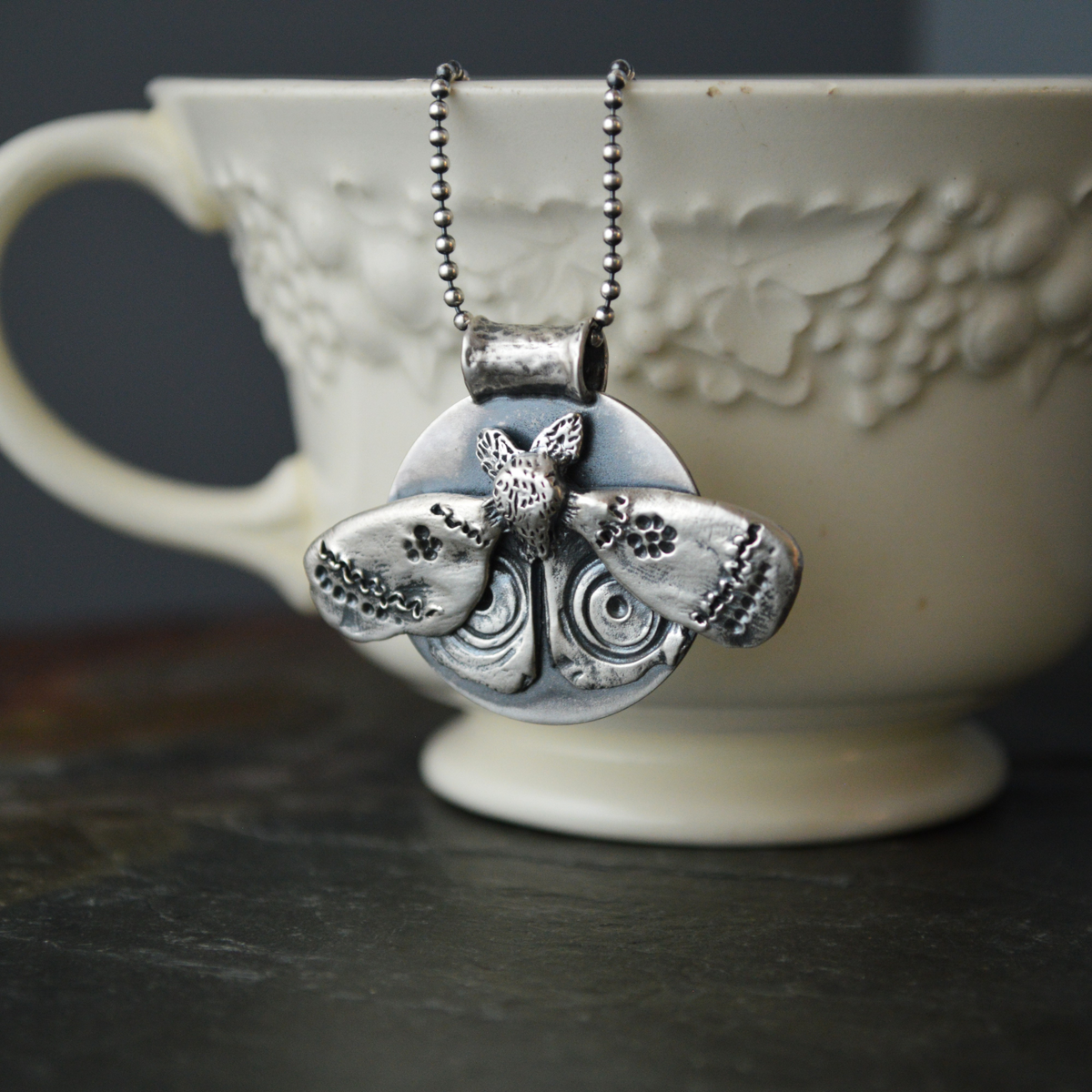 Hand-Sculpted IO Moth Pendant Necklace in Silver