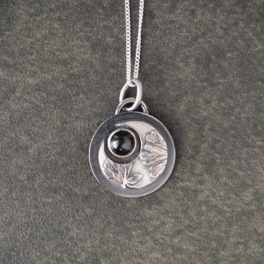 Crescent Moon Necklace, Carolina Cranesbill with Star Diopside