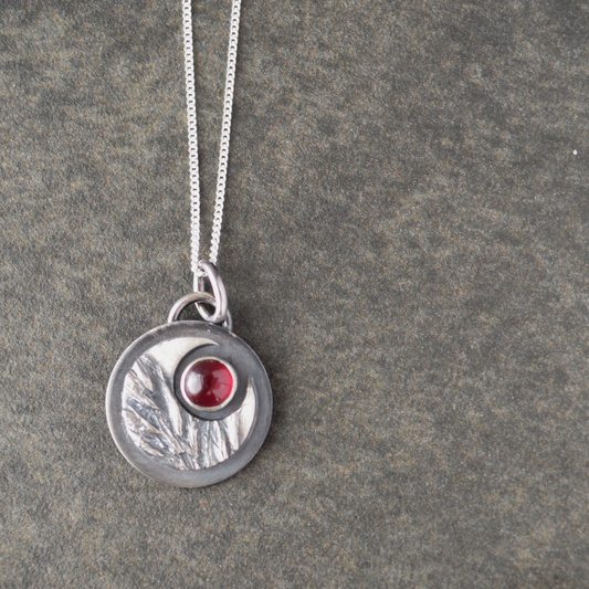 Crescent Moon Necklace, Indiangrass with Garnet