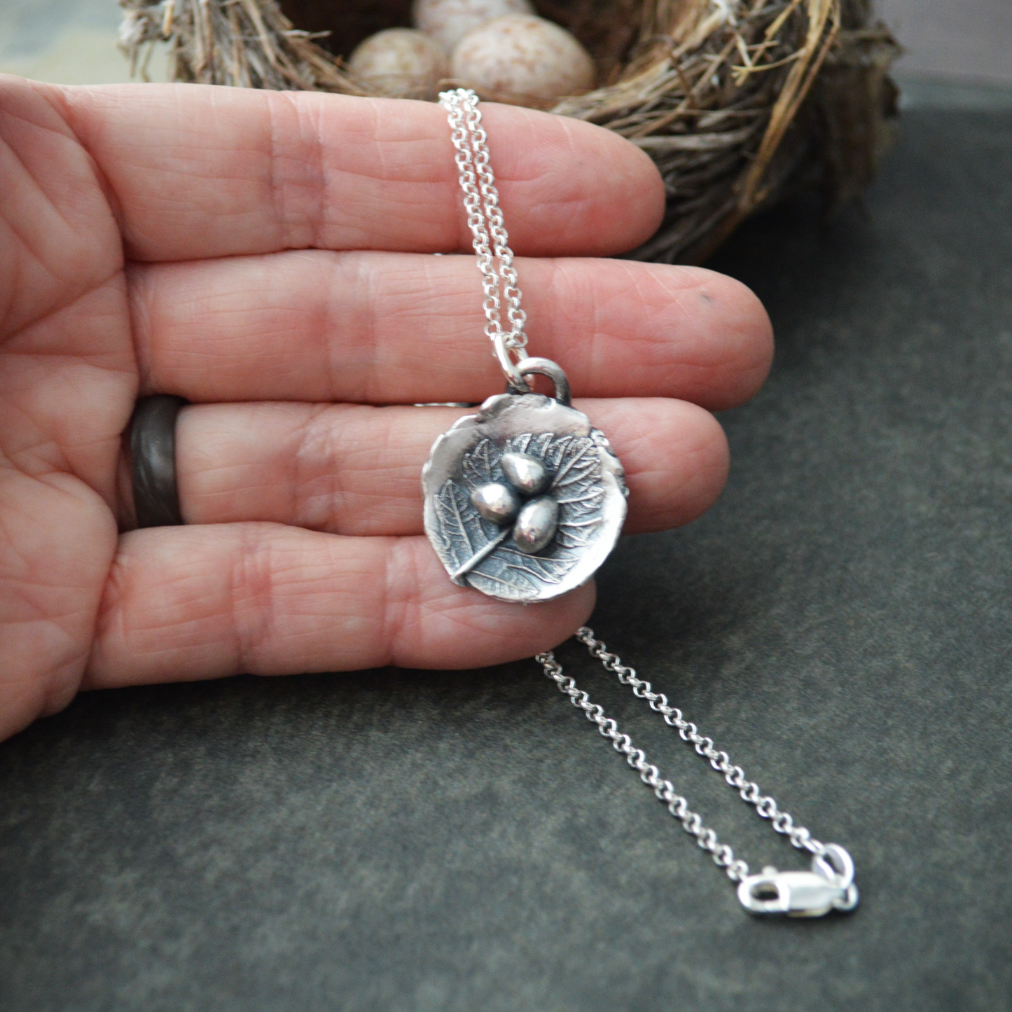 Nest Necklace with Oak Leaf Texture