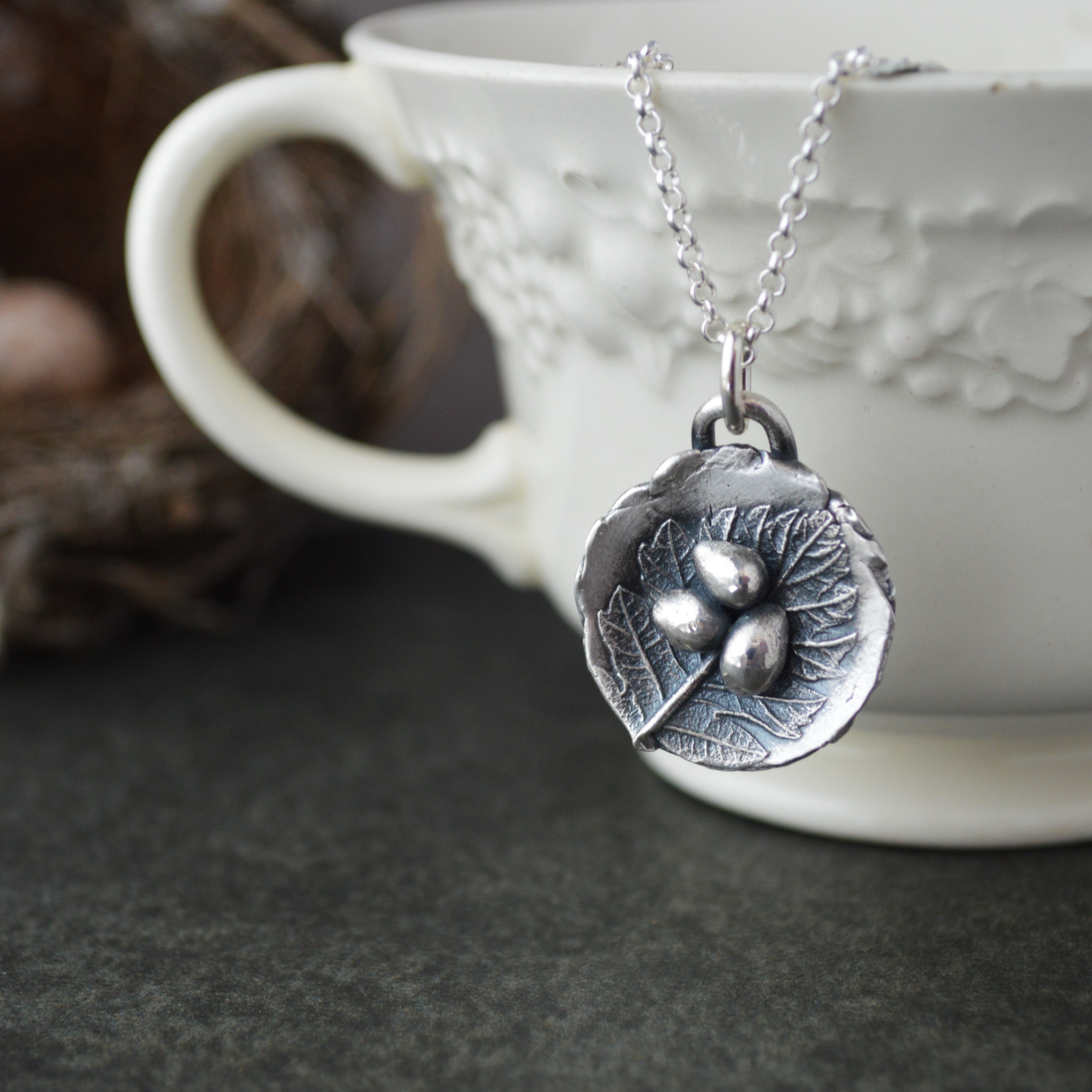 Nest Necklace with Oak Leaf Texture