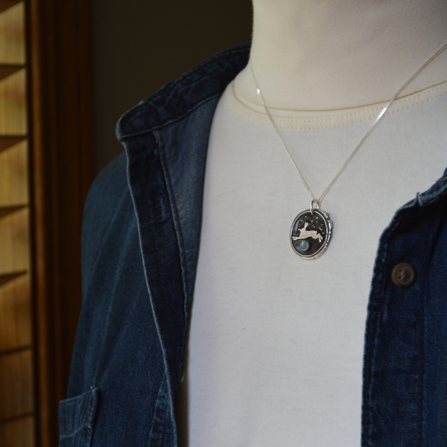 Celestial Rabbit Pendant in Fine Silver with White Opal