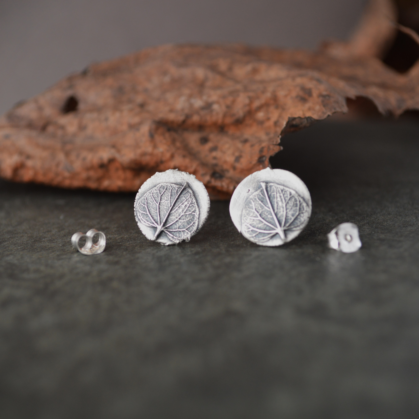 Redbud Leaf Stud Earrings in Fine Silver