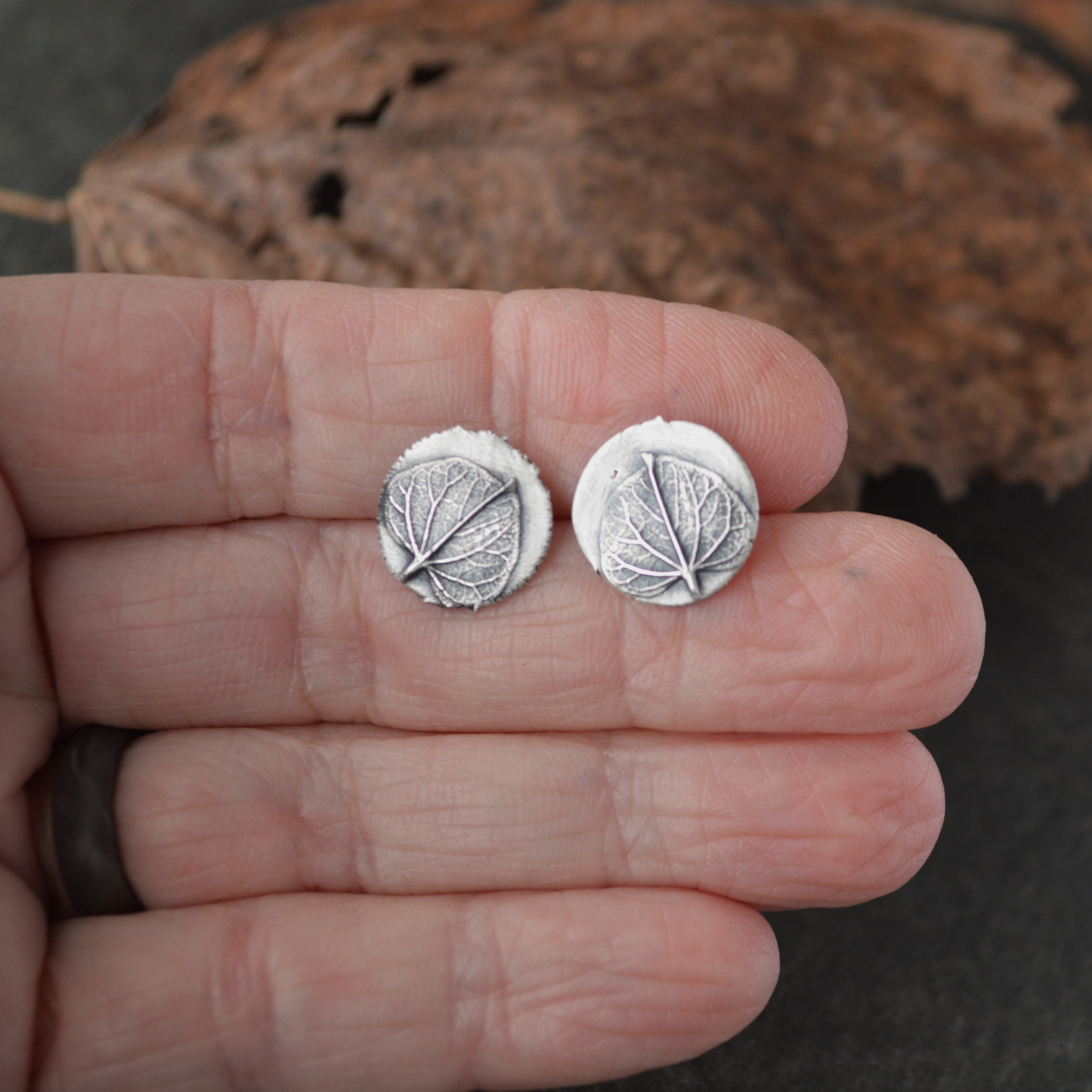 Redbud Leaf Stud Earrings in Fine Silver