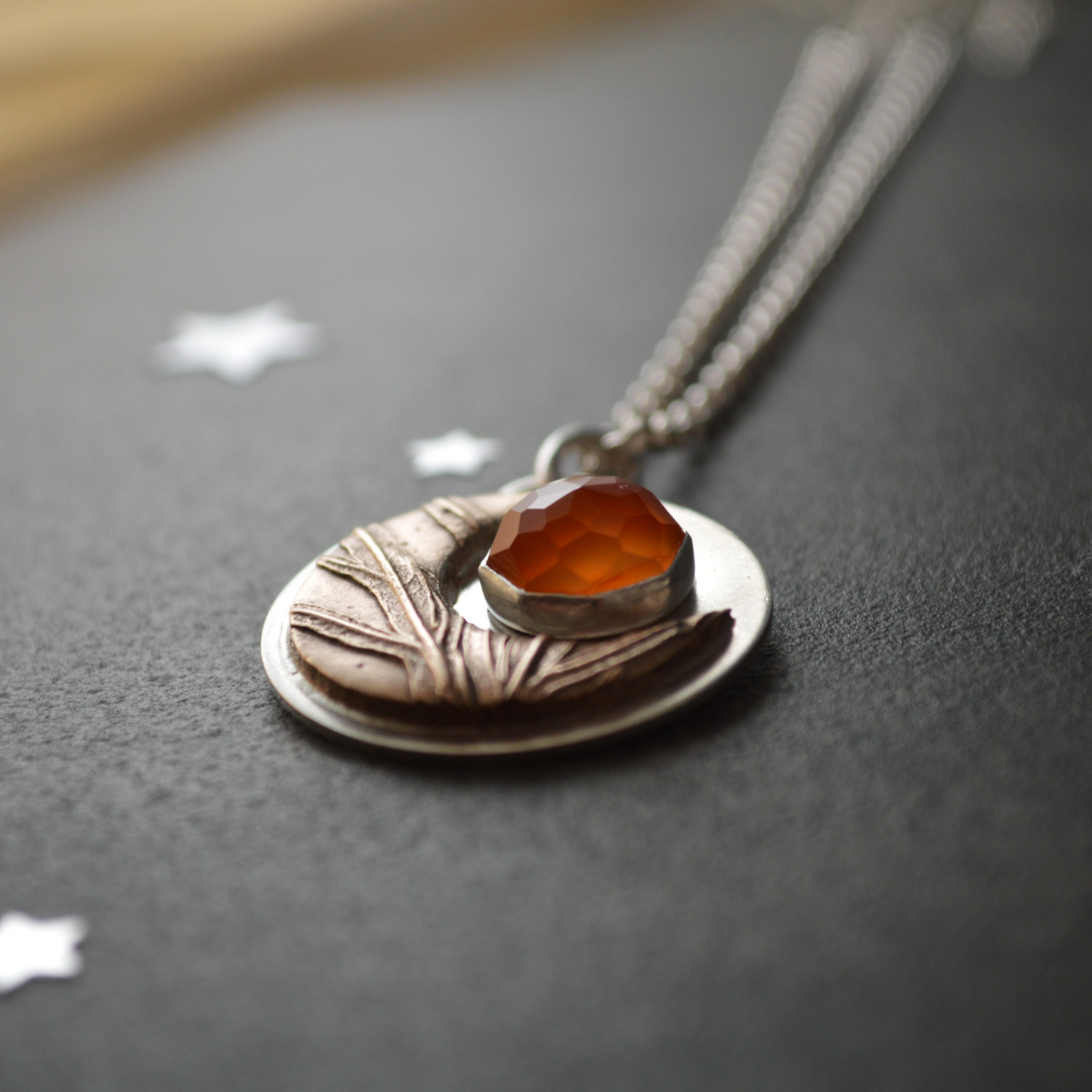 Bronze Moon Necklace, Sage and Carnelian