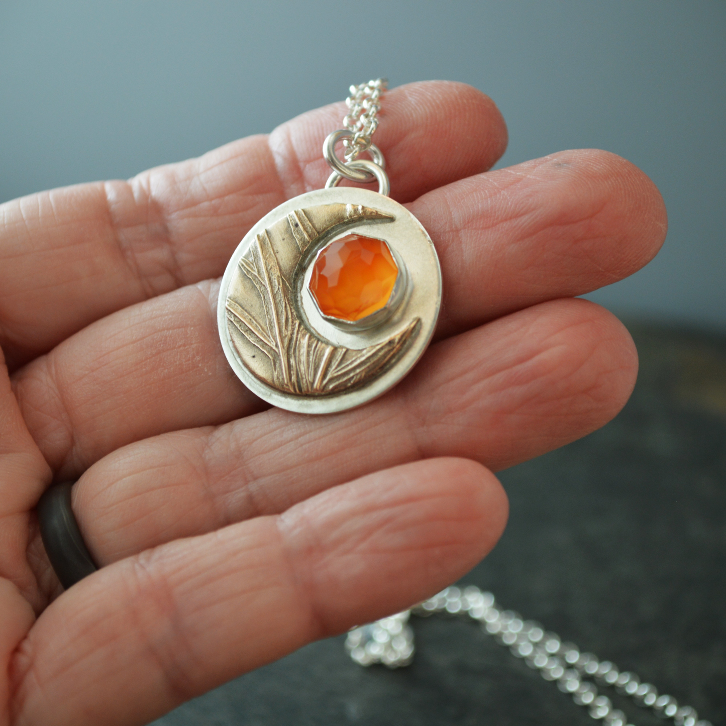 Bronze Moon Necklace, Sage and Carnelian