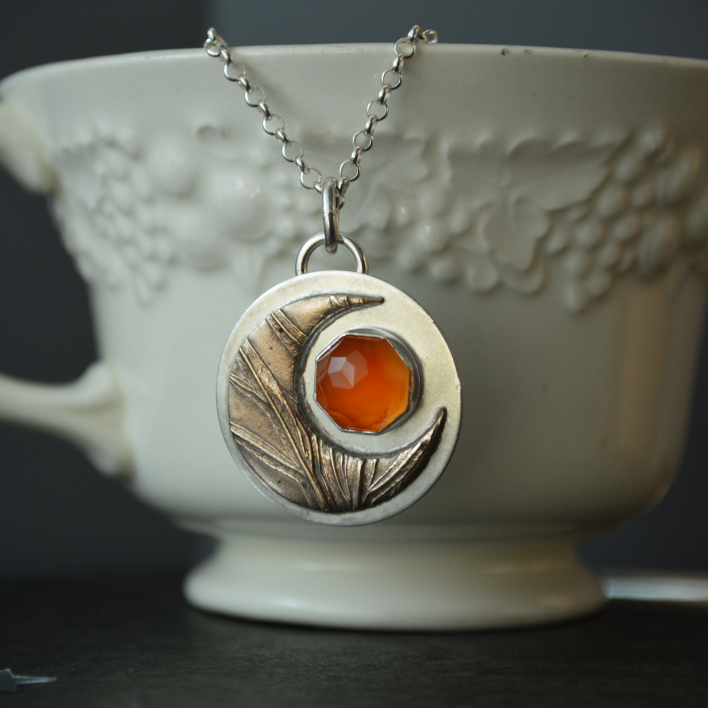 Bronze Moon Necklace, Sage and Carnelian