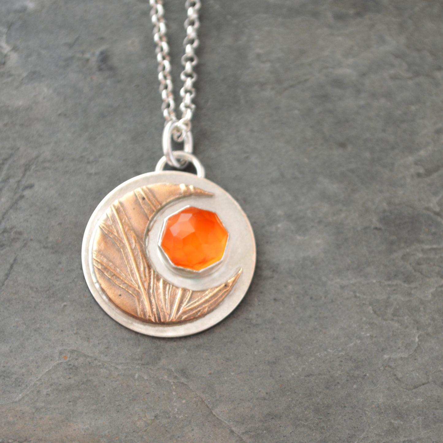 Bronze Moon Necklace, Sage and Carnelian