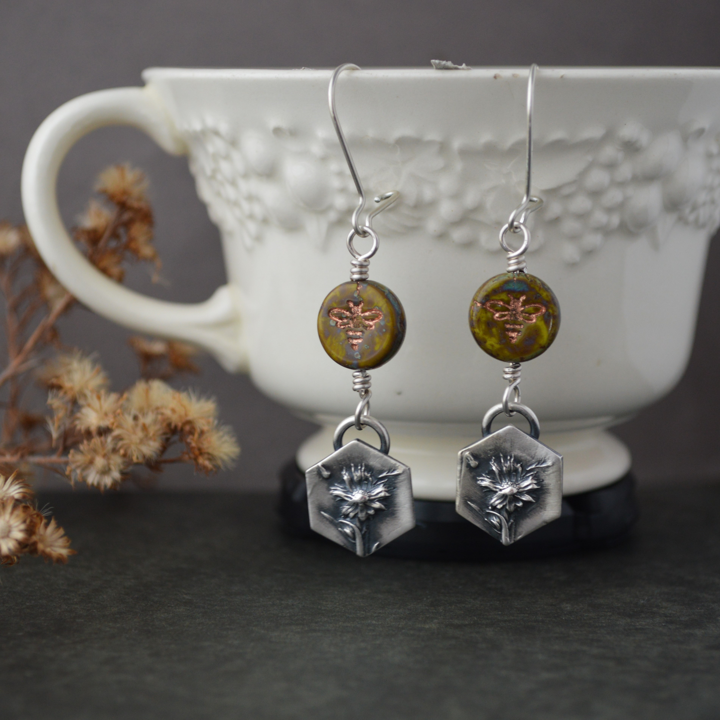 Silver Remnant Aster Earrings with Bee