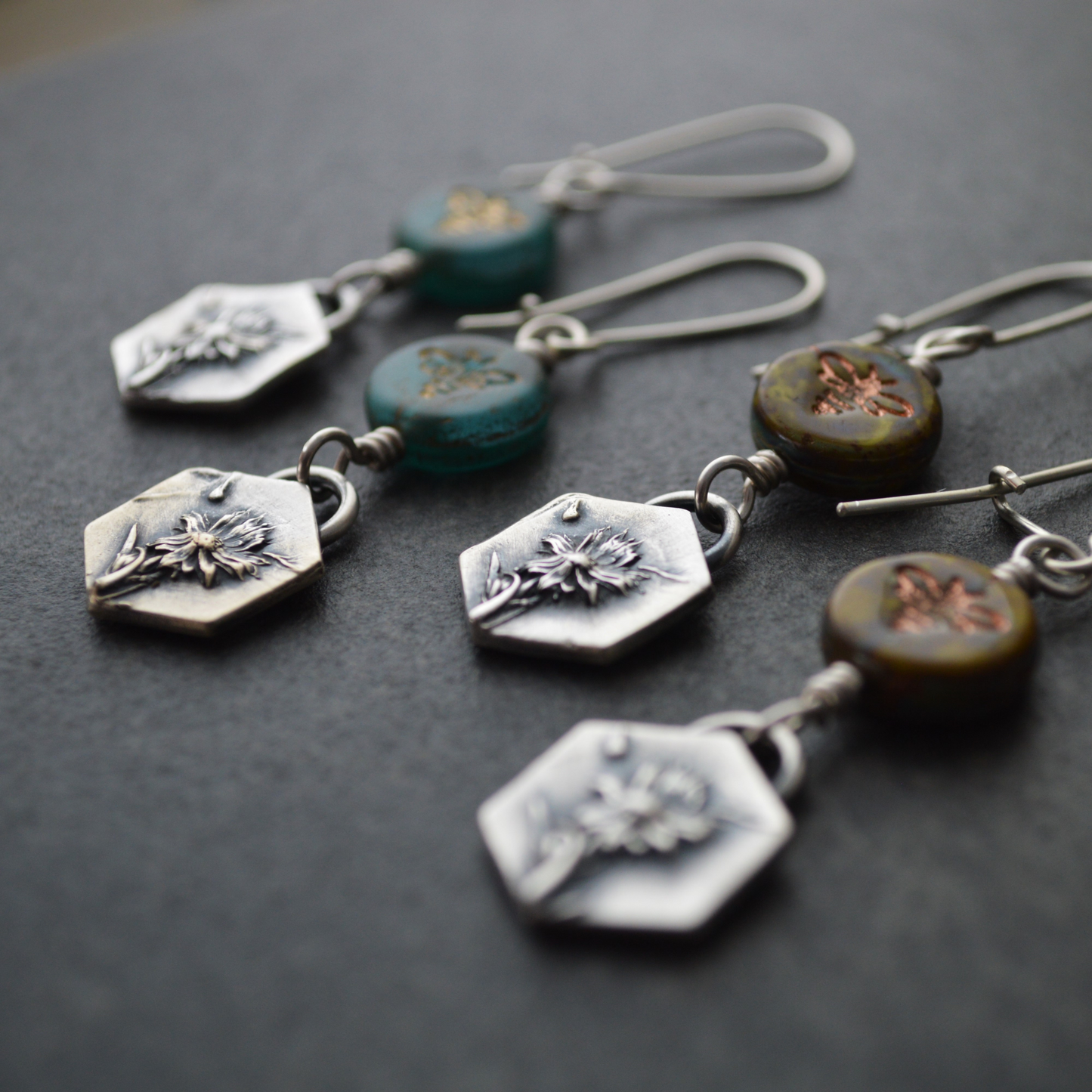 Silver Remnant Aster Earrings with Bee