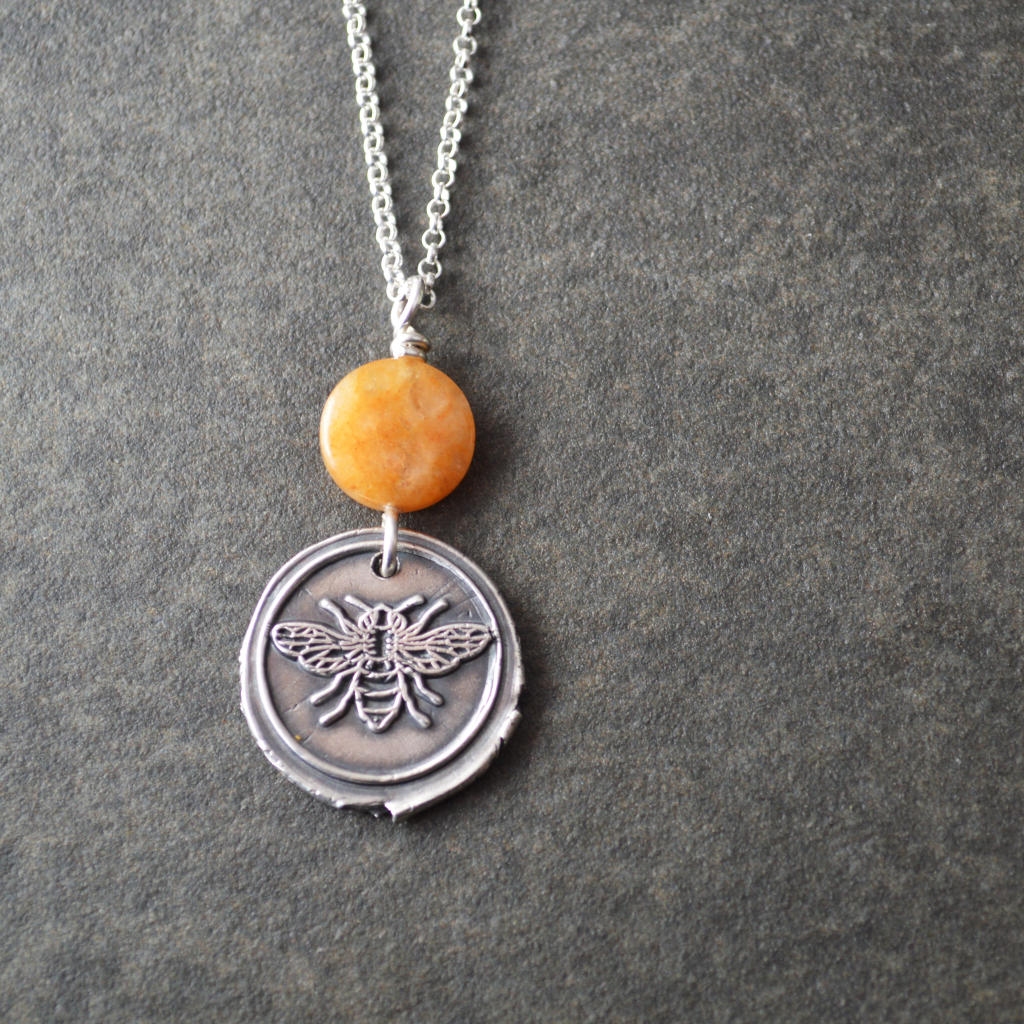 Silver Bee Necklace with Honey Jade