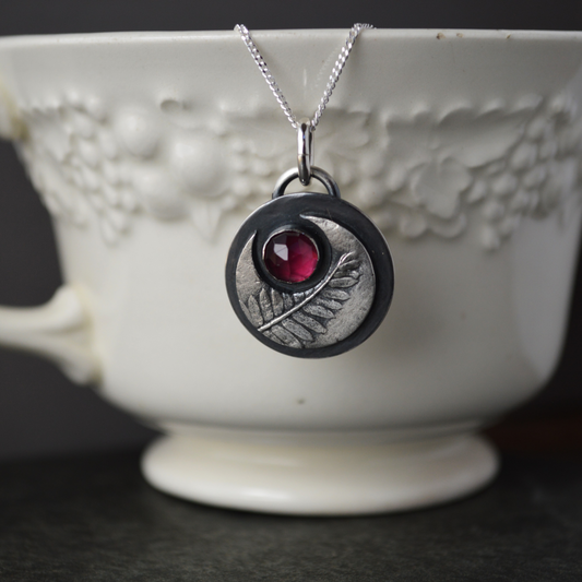 Silver Crescent Moon Necklace with Rhodolite Garnet Gemstone