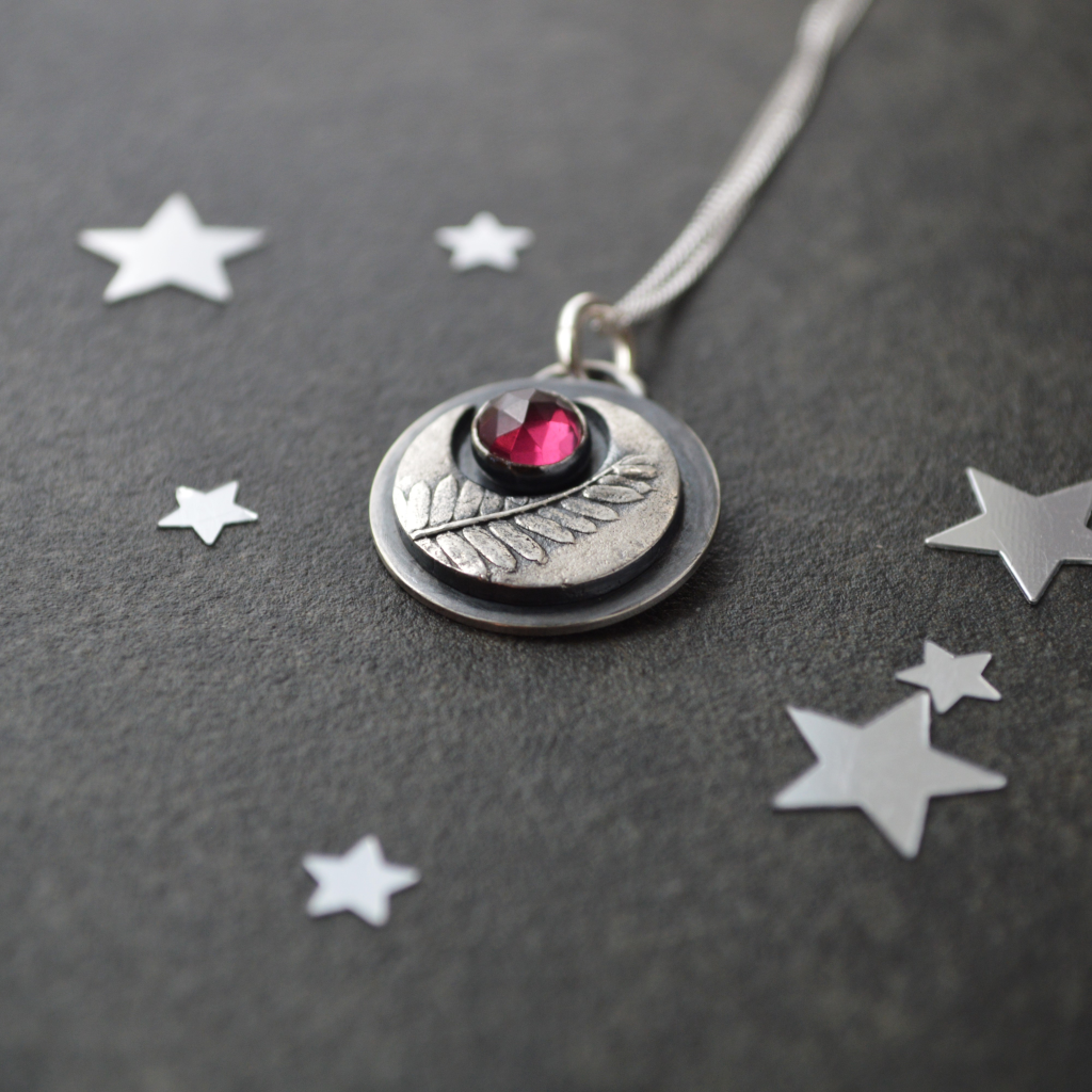 Silver Crescent Moon Necklace with Rhodolite Garnet Gemstone