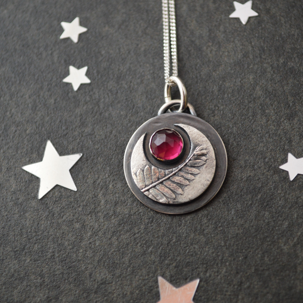 Silver Crescent Moon Necklace with Rhodolite Garnet Gemstone