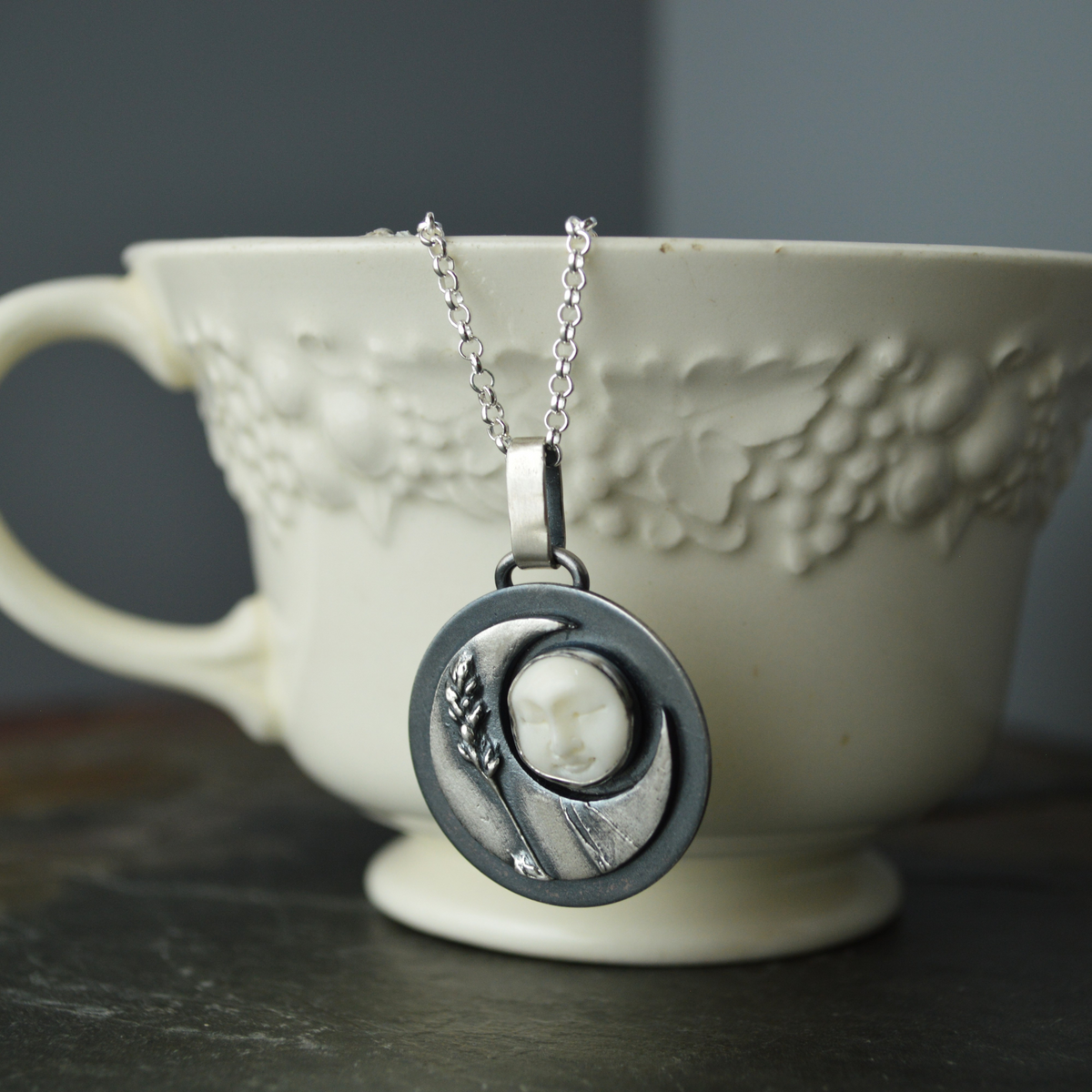 Crescent Moon Necklace, Lady's Thumb and Bone