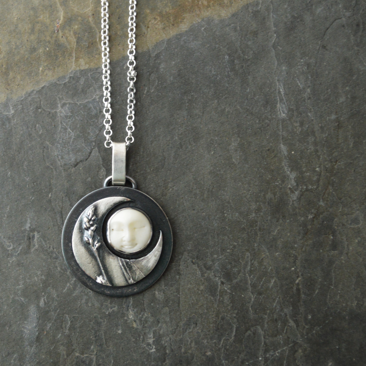 Crescent Moon Necklace, Lady's Thumb and Bone