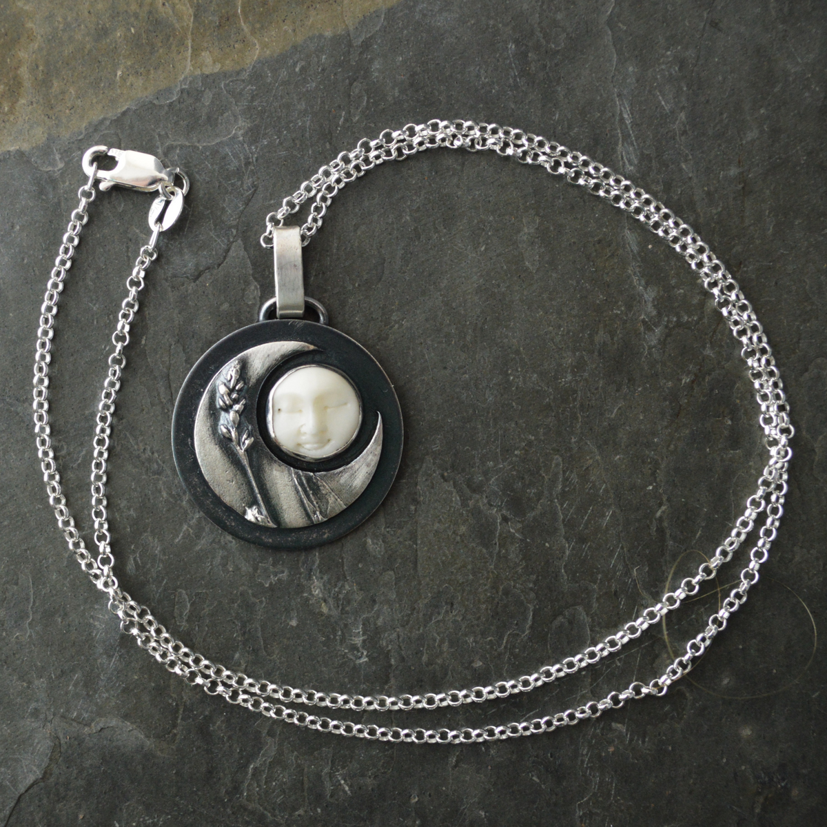 Crescent Moon Necklace, Lady's Thumb and Bone