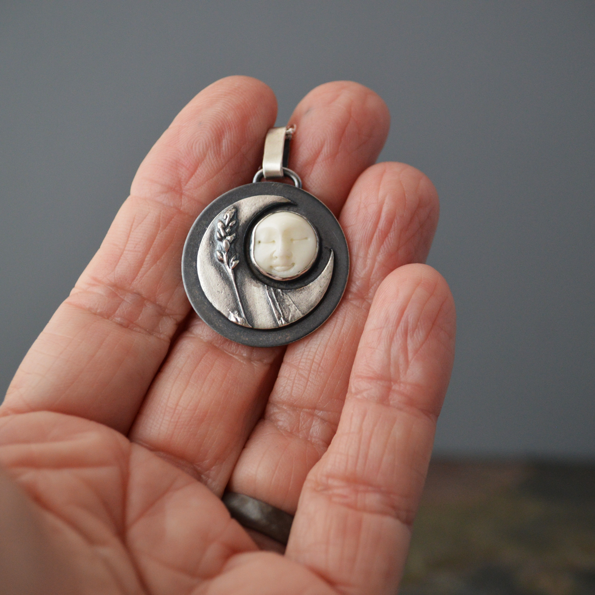 Crescent Moon Necklace, Lady's Thumb and Bone