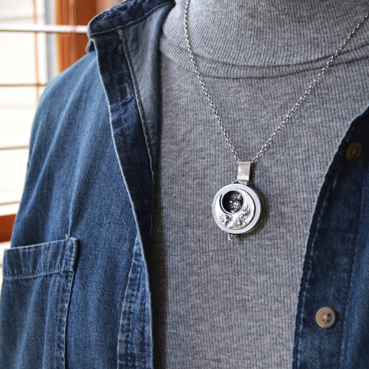 Silver Aster Moon and Moth Locket Necklace