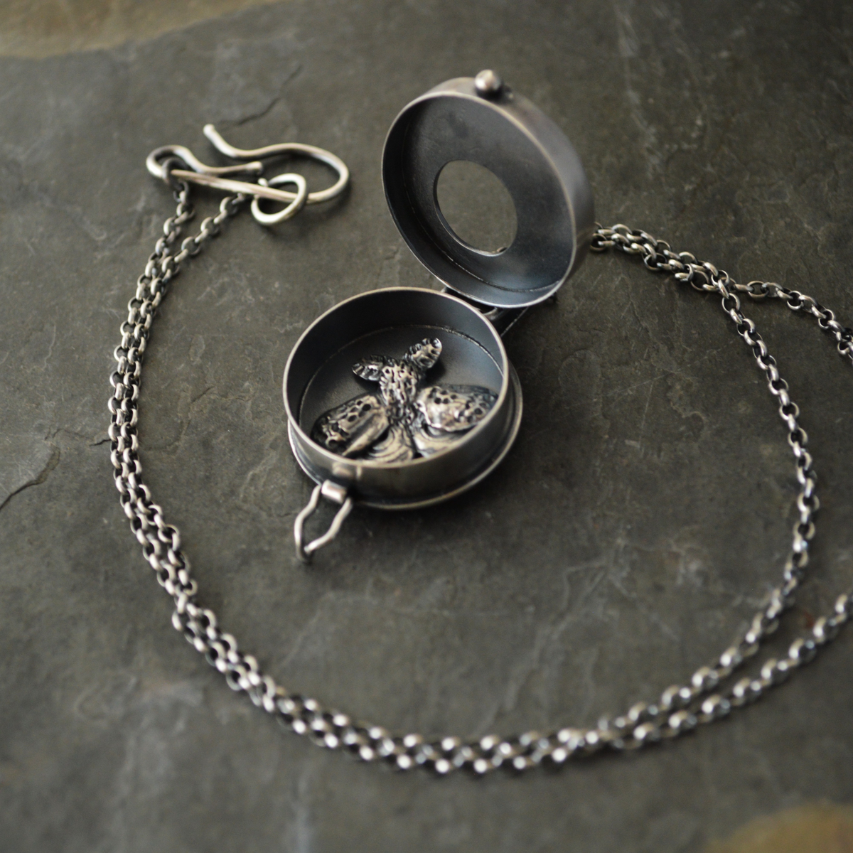 Silver Aster Moon and Moth Locket Necklace