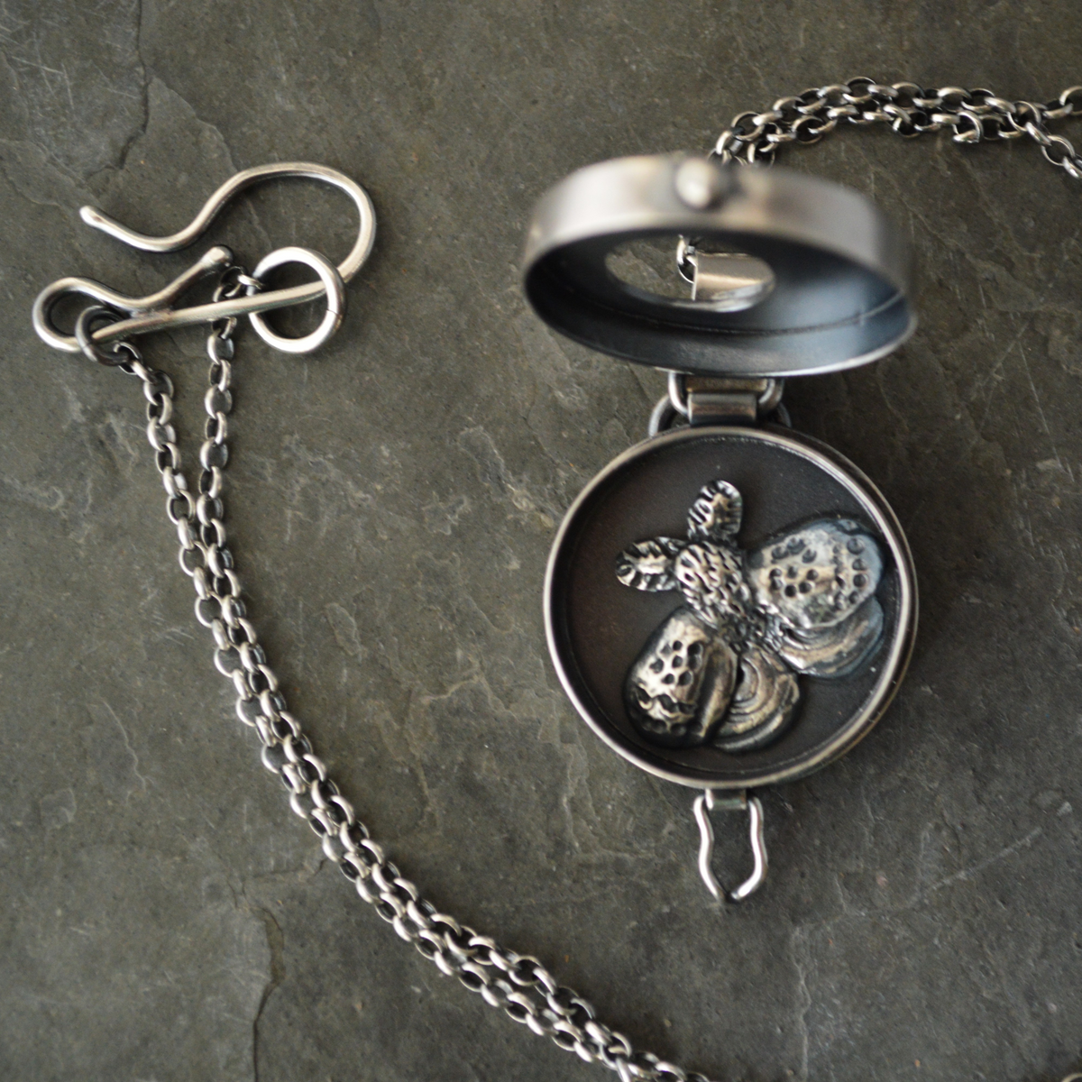 Silver Aster Moon and Moth Locket Necklace