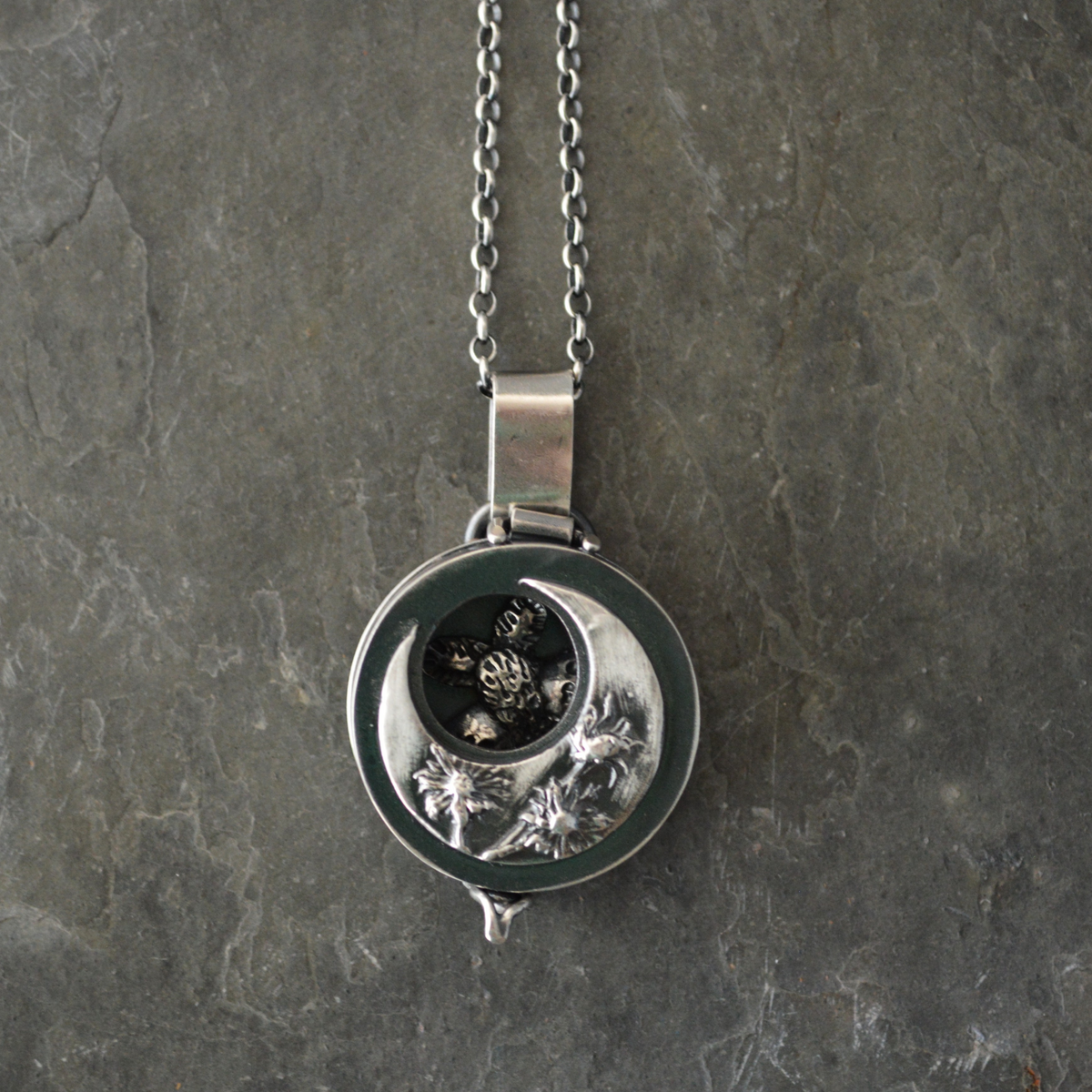 Silver Aster Moon and Moth Locket Necklace